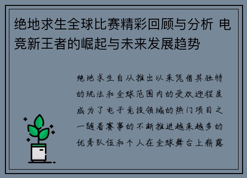 绝地求生全球比赛精彩回顾与分析 电竞新王者的崛起与未来发展趋势
